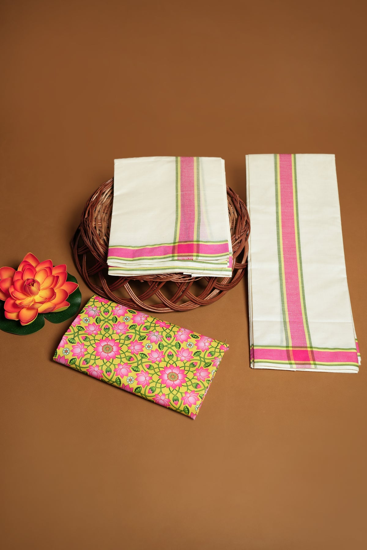 Pathma - Pure Cotton Traditional Kerala Mulloth Tri Color Settumund with Lotus Printed Blouse Material