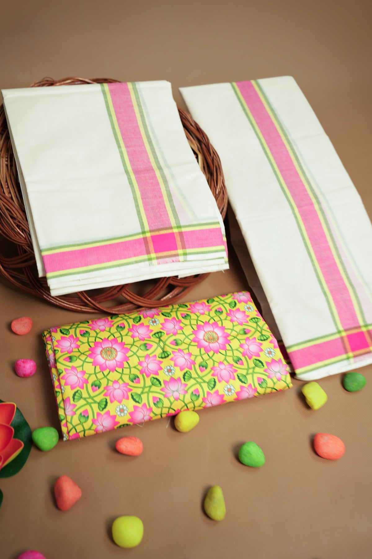 Pathma - Pure Cotton Traditional Kerala Mulloth Tri Color Settumund with Lotus Printed Blouse Material