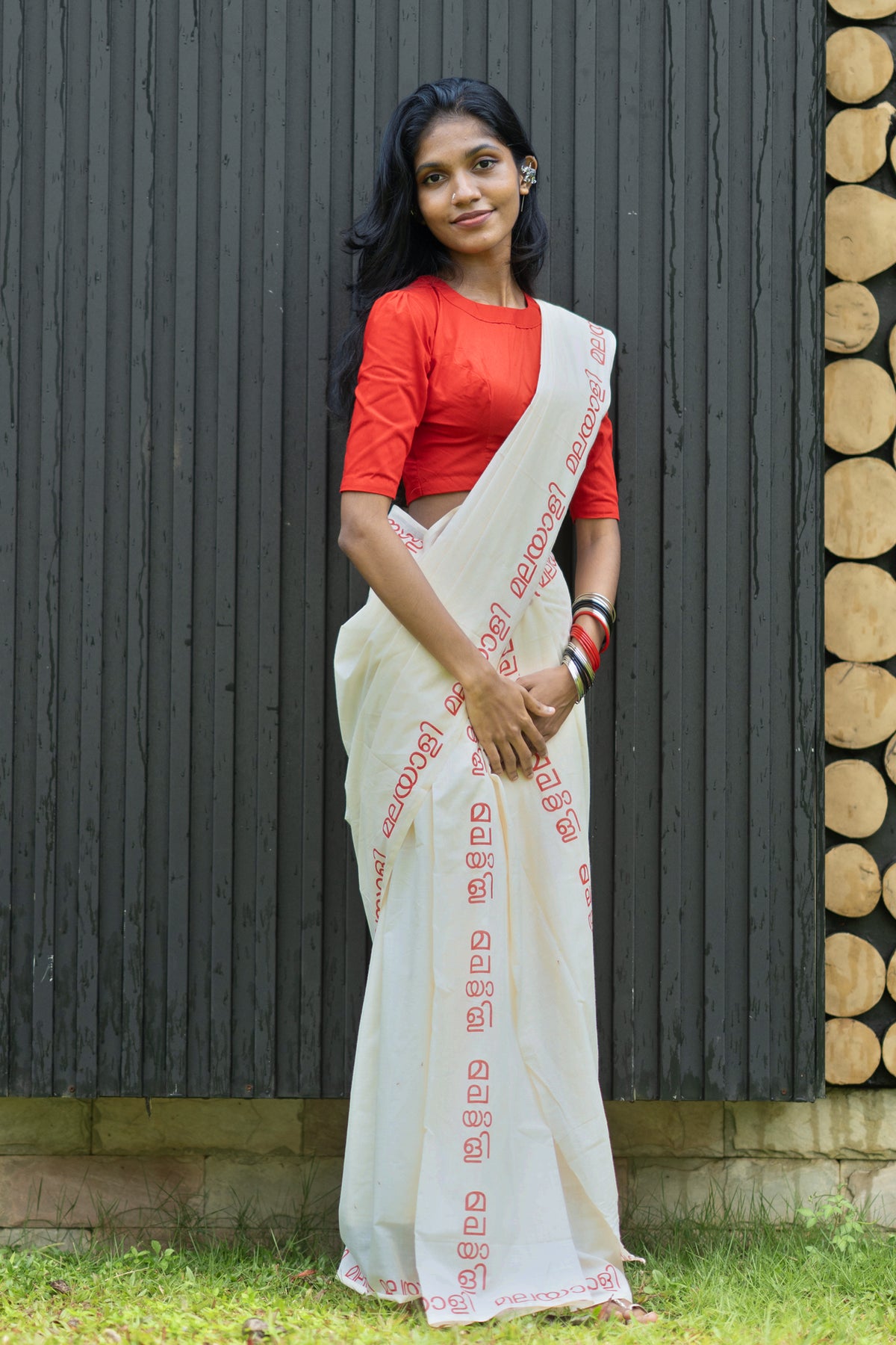 Malayali Printed Red Pure Cotton Settumundu with Matching Blouse Material
