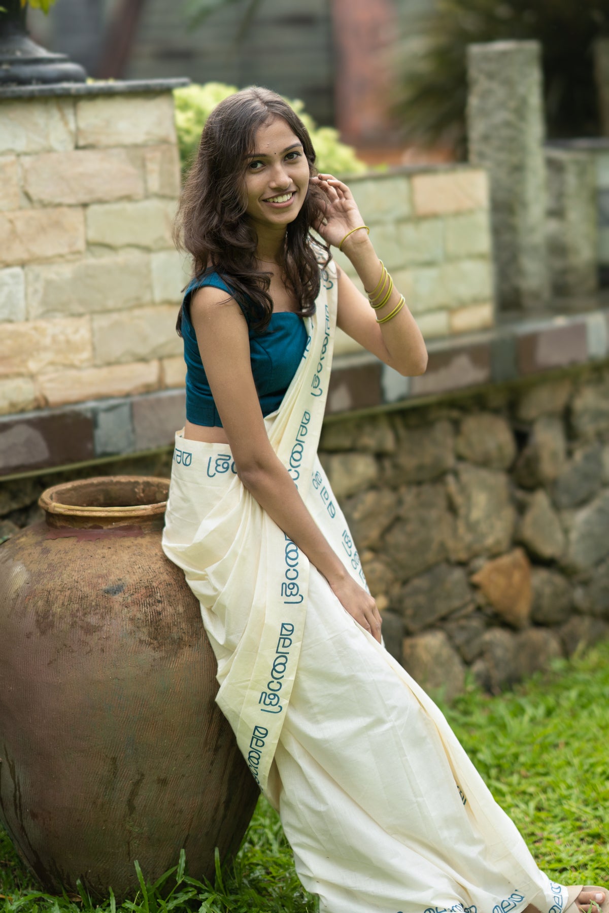 Malayali Printed Blue Pure Cotton Settumundu with Matching Blouse Material