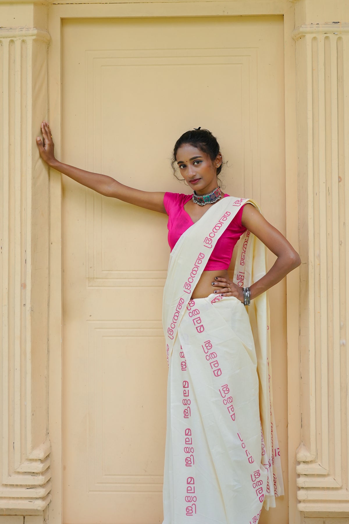 Malayali Printed Pink Pure Cotton Settumundu with Matching Blouse Material