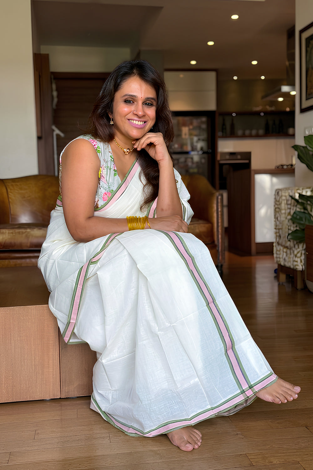 Vasantham Black Mulloth Settumund with Floral Printed Blouse Material