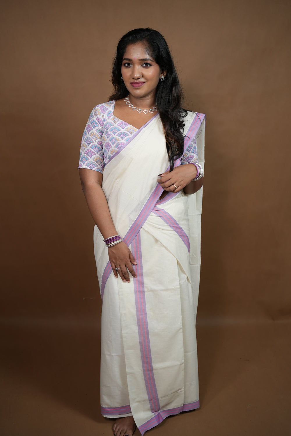 Chikankari Lavender - Chikankari Inspired Thread Embroidery Blouse Material with Mulloth Settumund