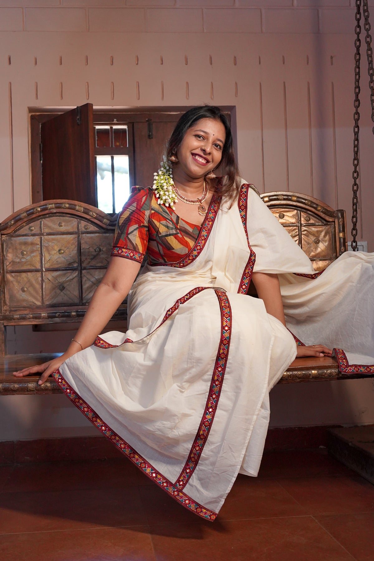 Sahrudaya– Mirror worked Lace border Stitched Settumund with Matching Blouse Material