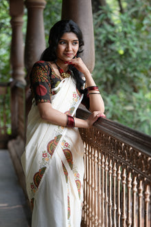 Kathakali Black Printed Settumundu with Matching Blouse Material