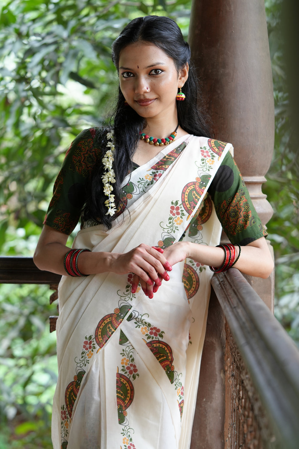 Kathakali Green Printed Settumundu with Matching Blouse Material