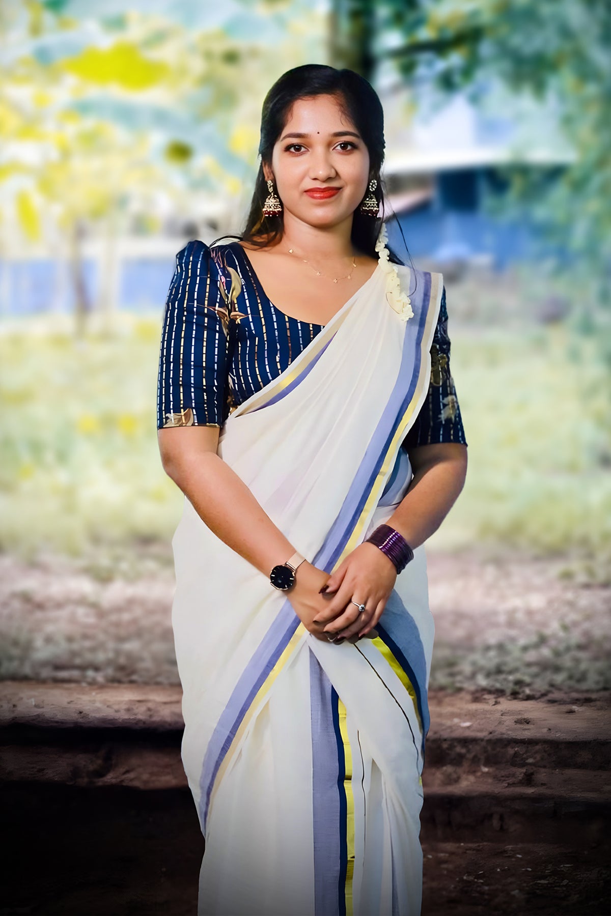 Neelima – Dark Blue and Golden Kasav Settumund with Designer Blouse Material