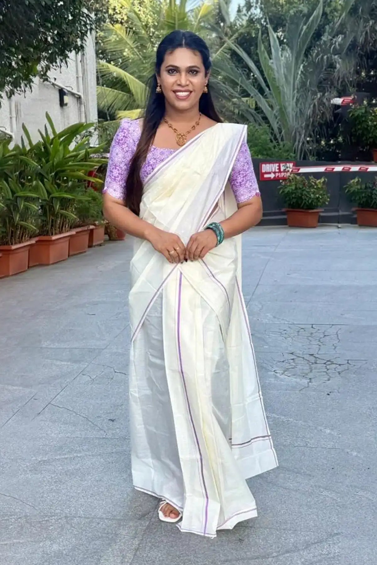 Nadira - Lavender Puliyilakkara Settumund with Ajrak Digital Printed Blouse Material