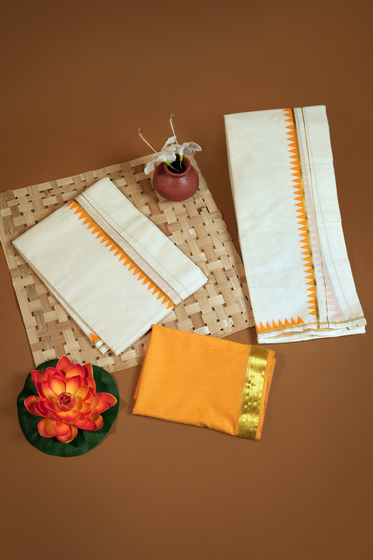 Madhavi – Yellow Temple Printed Settumund with Kasav Border Blouse Material