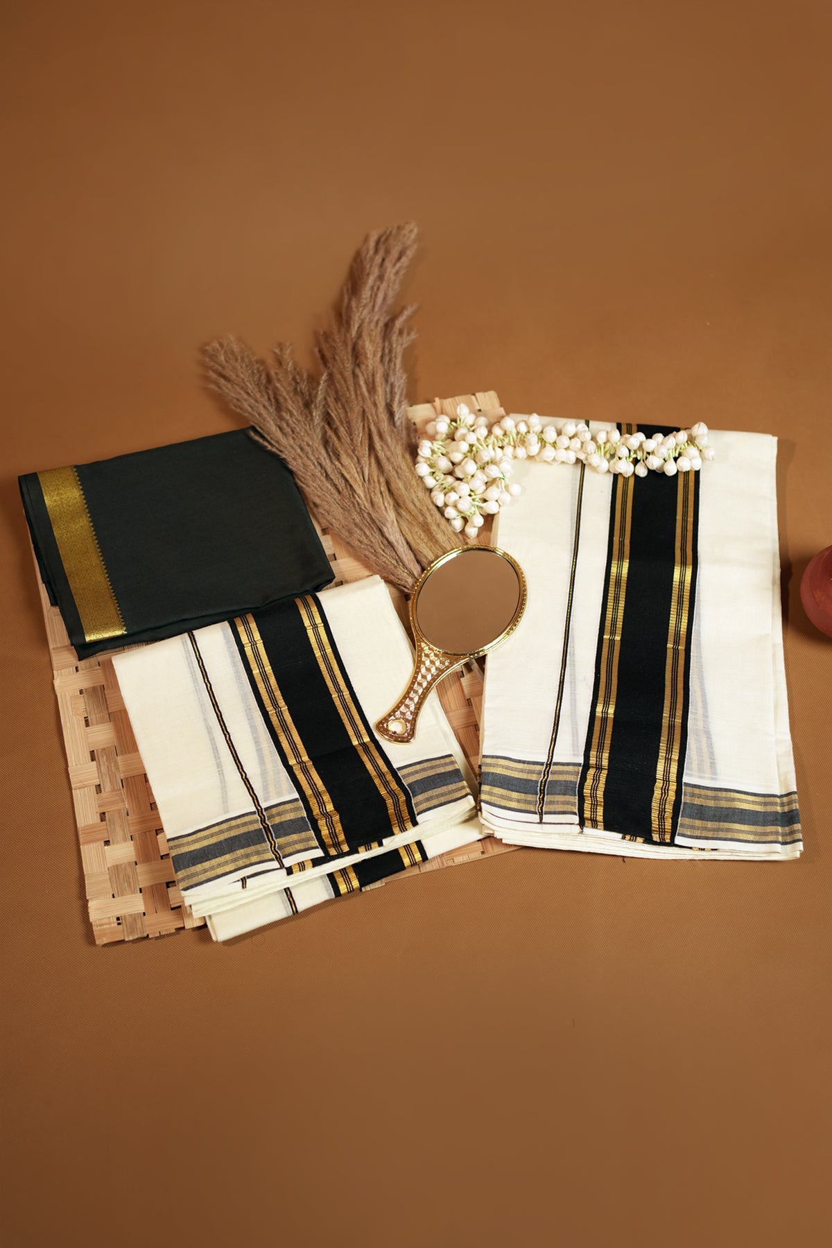 Kudamattam- Black and Golden Kasav Settumund with Golden Kasavu Border Black Blouse Material