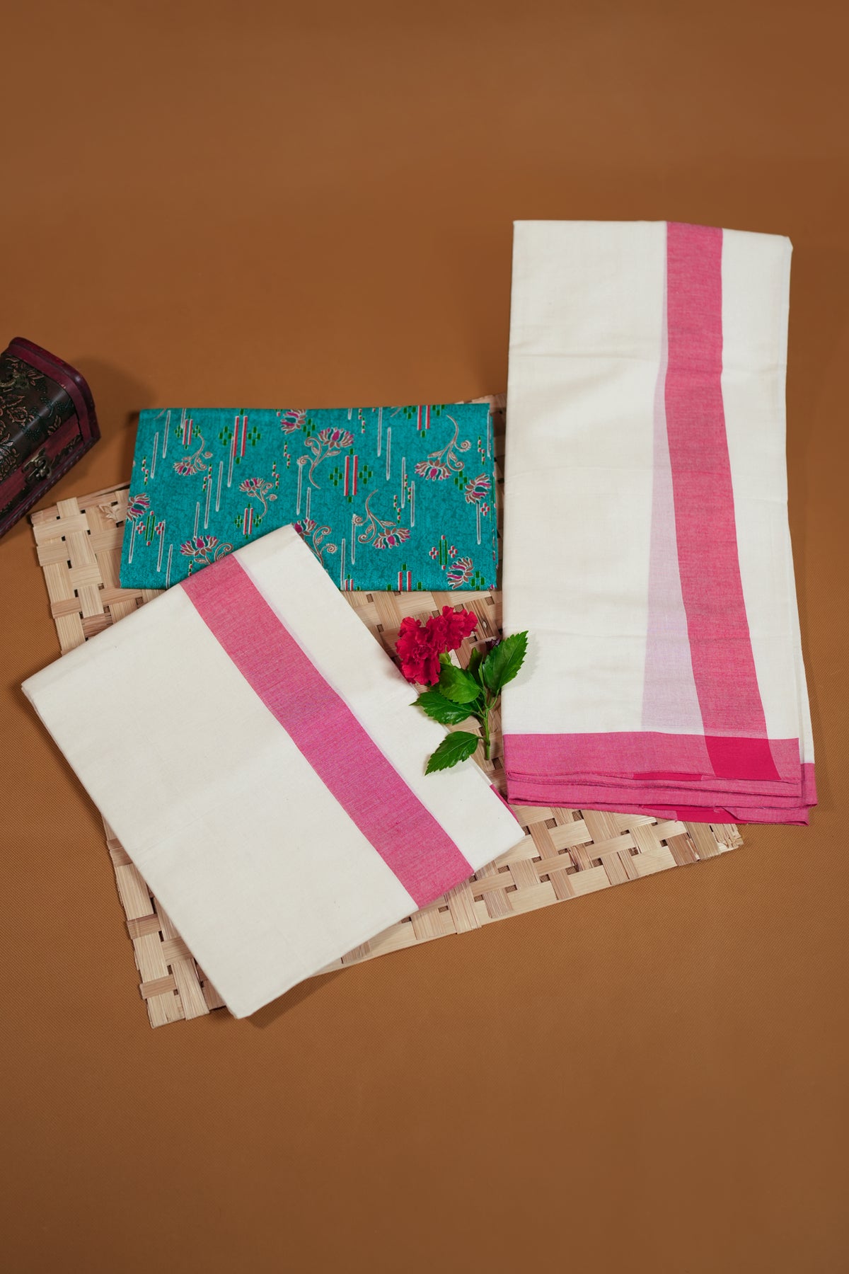Ambujam - Red Mulloth Settumund with Matching Printed Blouse Material