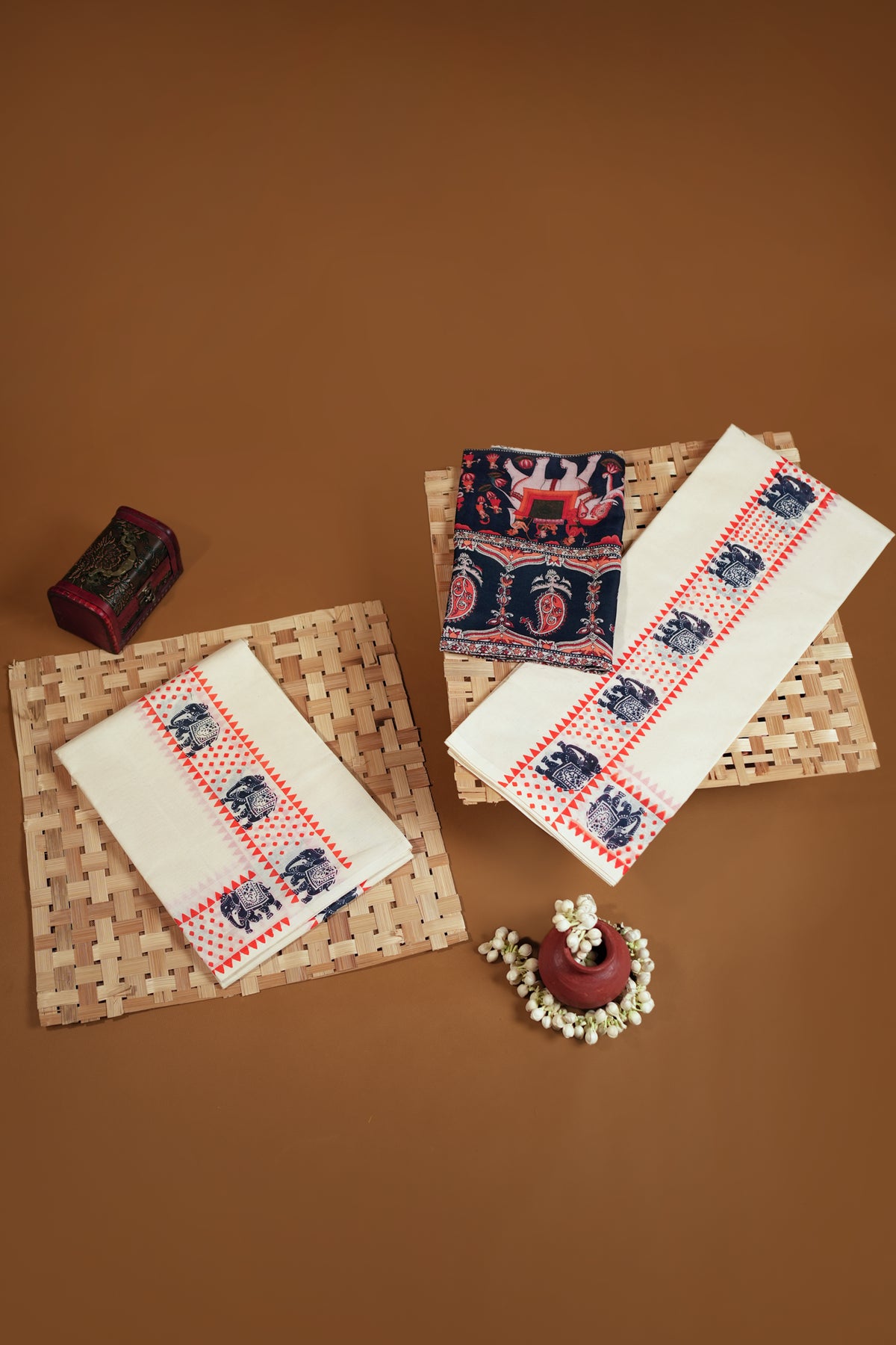 Aanachantham- Orange and Navy Blue Elephant Printed Settumund with Matching Blouse Material