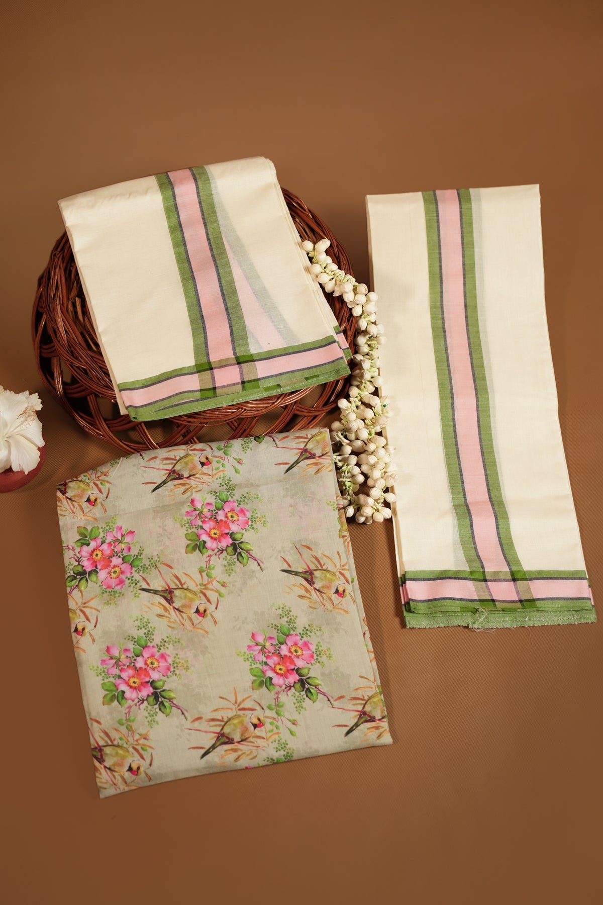 Vasantham Black Mulloth Settumund with Floral Printed Blouse Material