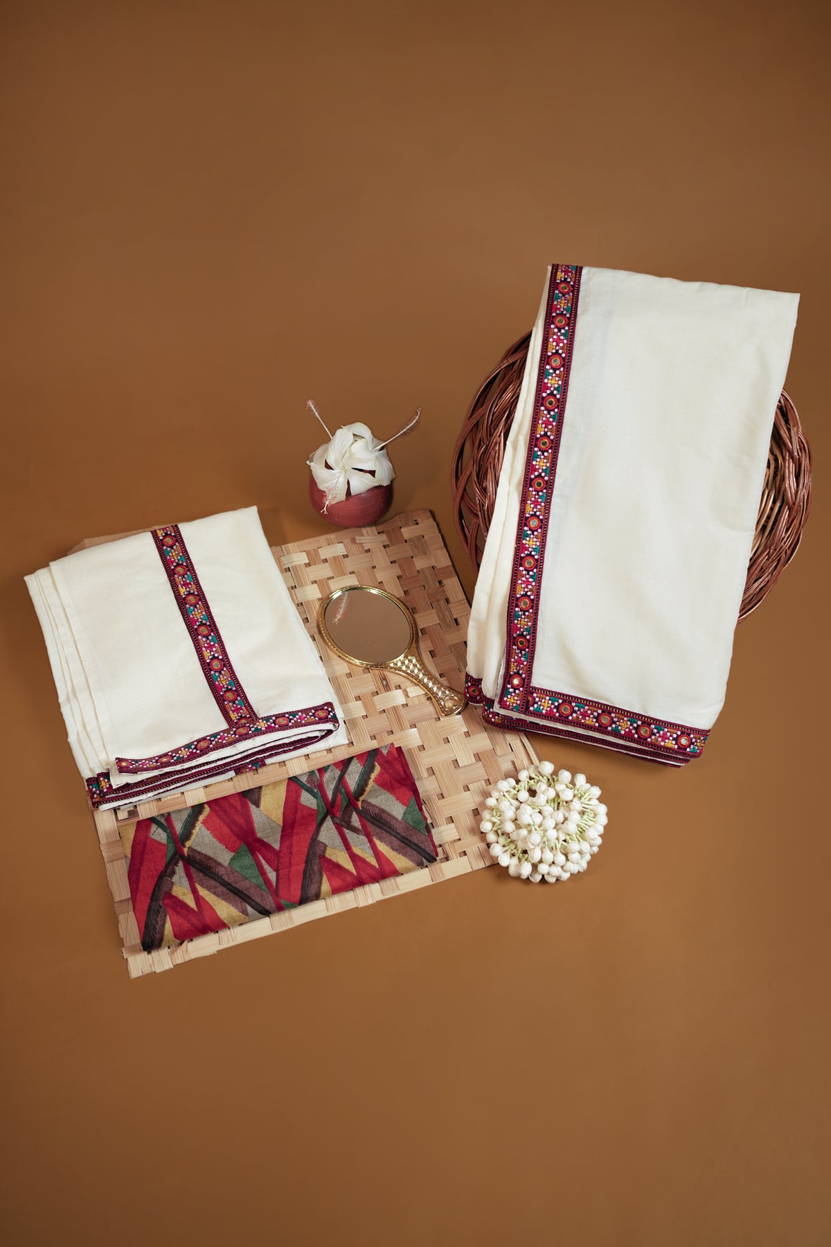 Sahrudaya– Mirror worked Lace border Stitched Settumund with Matching Blouse Material