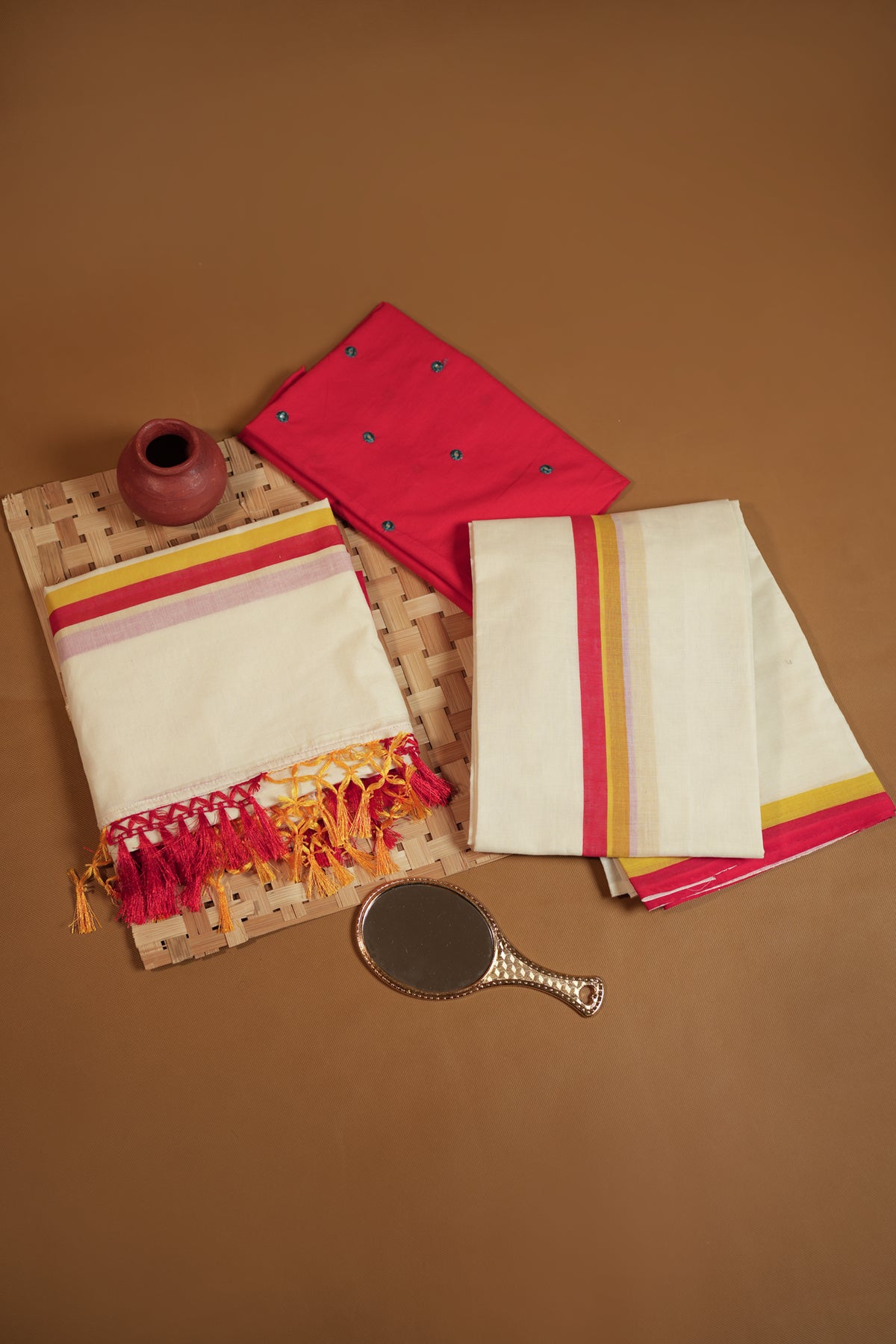 Surya Praba - Red & Yellow Settumundu with Matching Blouse Material