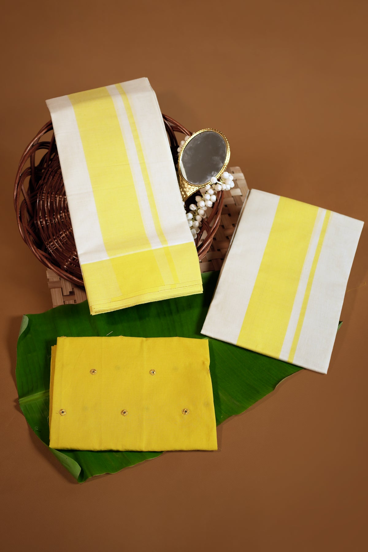 Radha - Single Color Traditional Kerala Mulloth Settumund with Mirror Worked Blouse Material