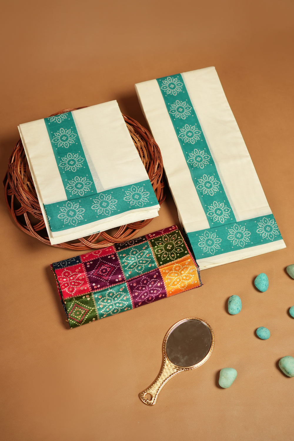 Bhandhini Turquoise Printed Settumund with Matching Blouse Material