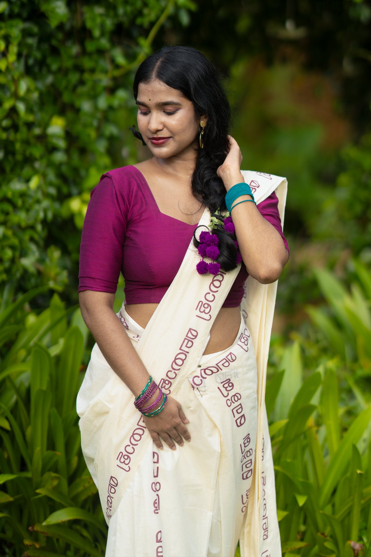 Malayali Printed Purple Pure Cotton Settumundu with Matching Blouse Material