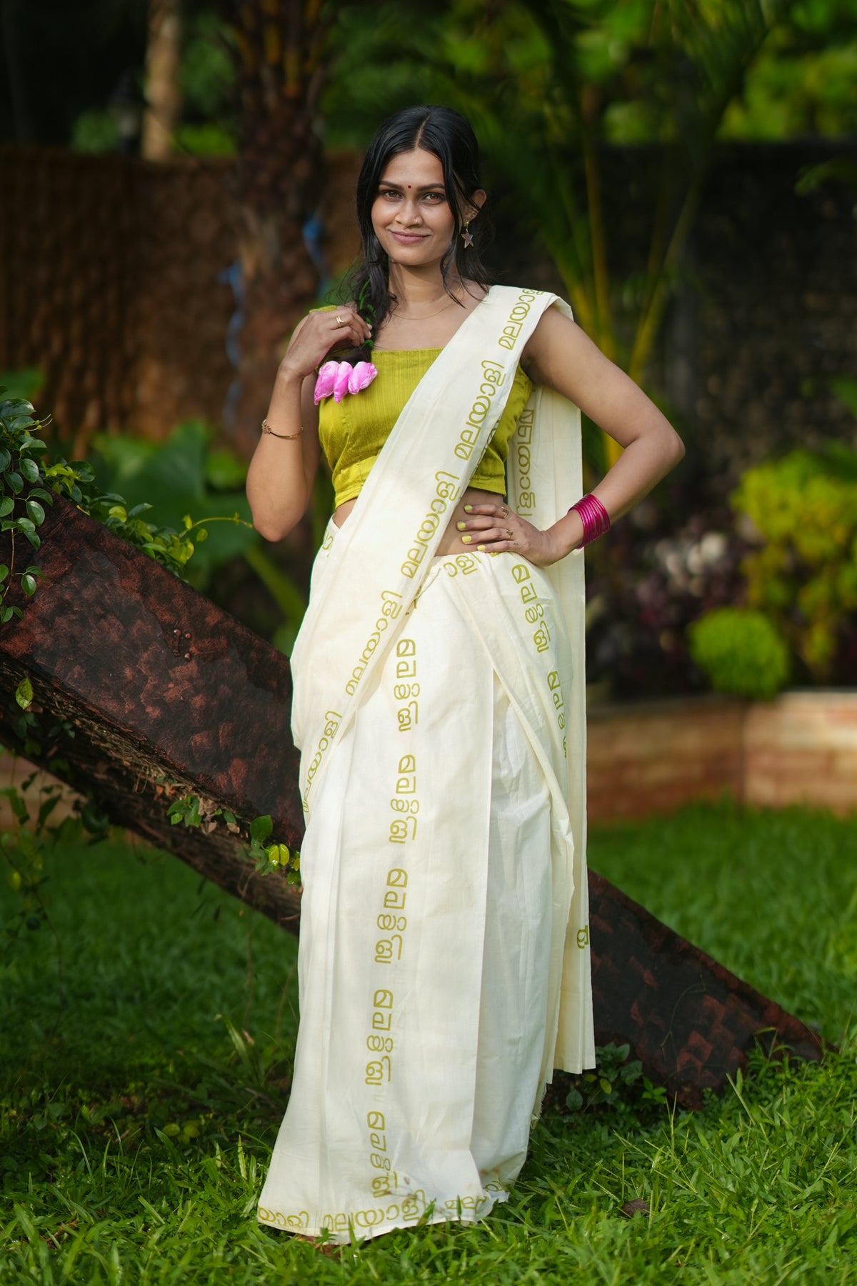 Malayali Printed Off Green Pure Cotton Settumundu with Matching Blouse Material