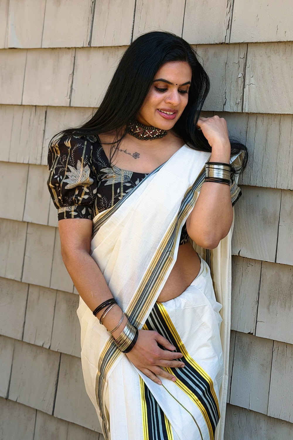 Mythry - Pure Cotton Kasavu Settu Mundu with Designer Blouse Material