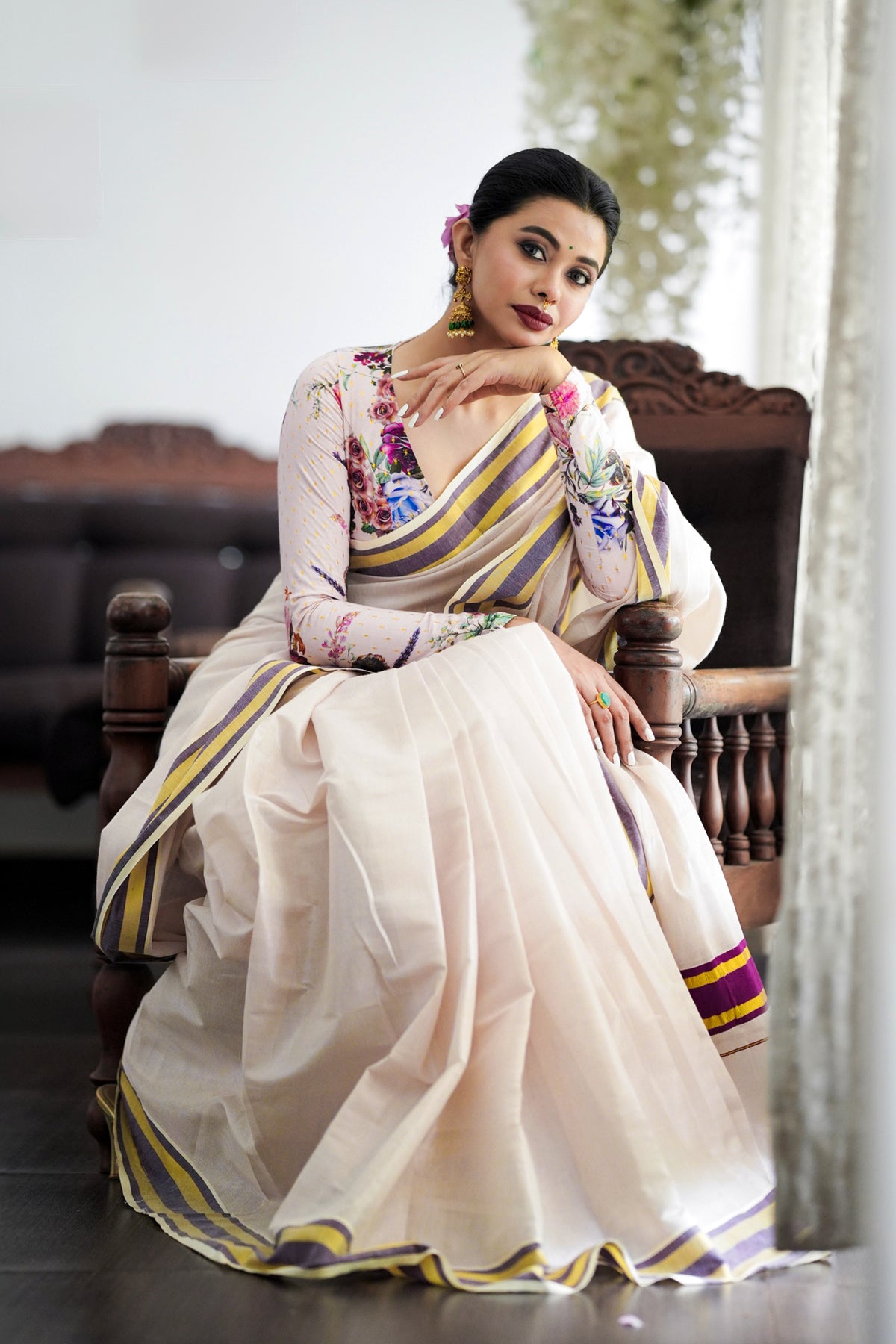 Keya – Rose Tissue Saree with Purple and Golden Borders