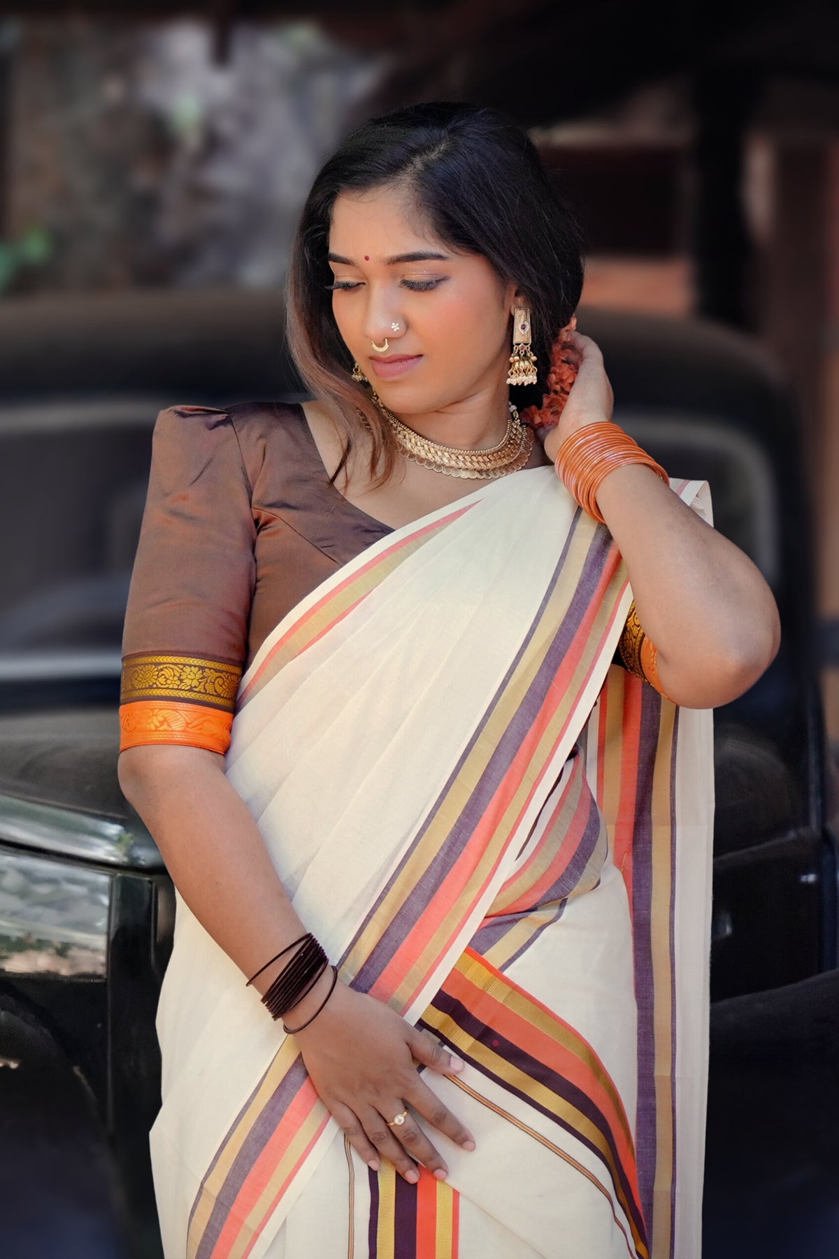 Kaveri – Rust Orange and Coffee Brown Kasavu Settumund with Matching Blouse Material