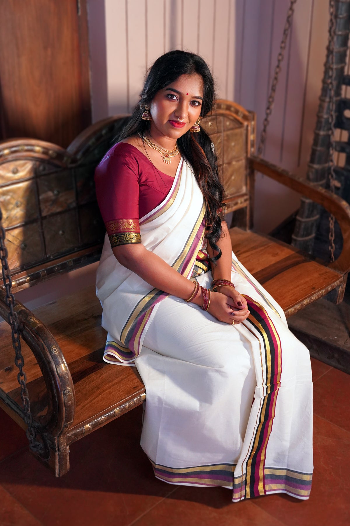 Ganga – Maroon and Black Kasav Settumund with Matching Blouse Material