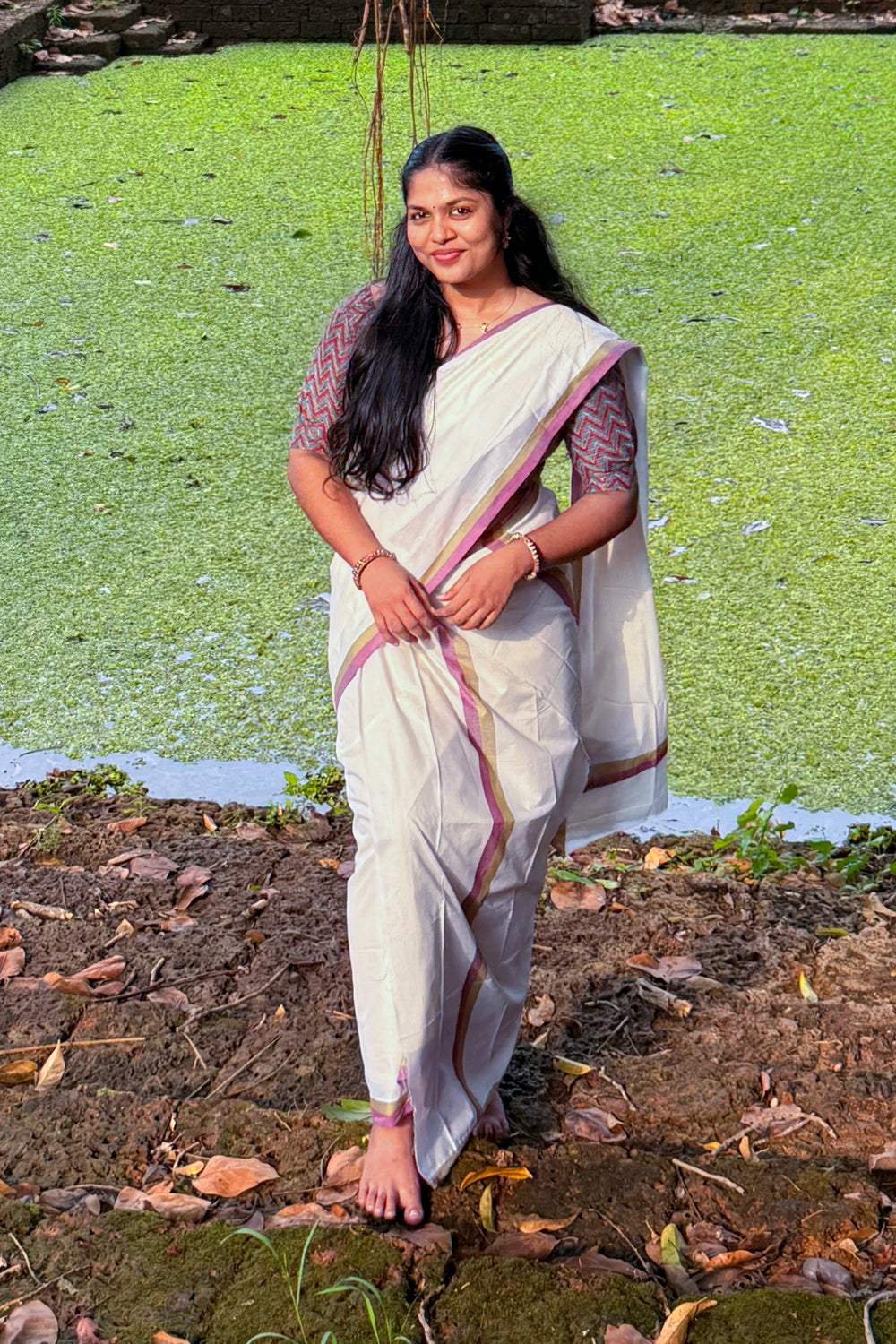 Anarkali - Green and Purple Mulloth Settumund with Kantha Cotton Blouse Material