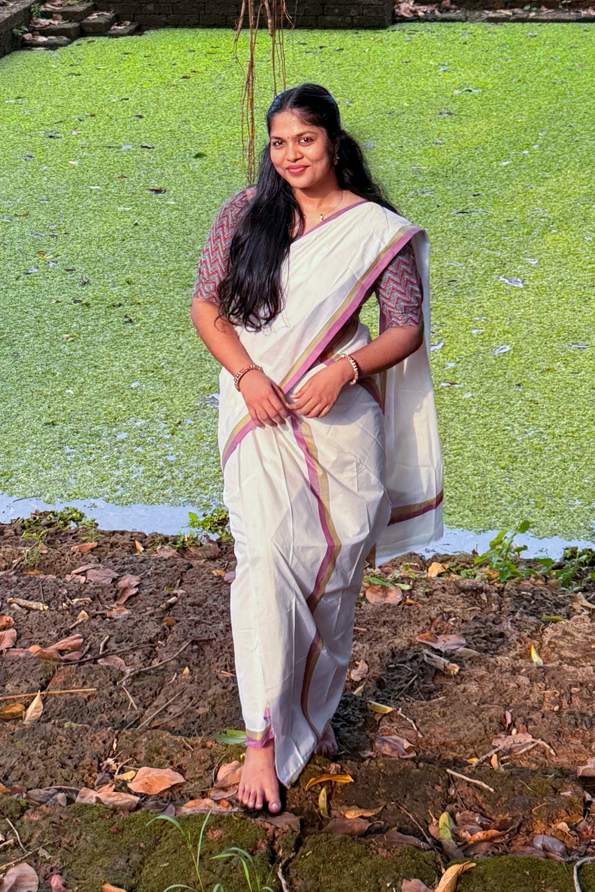 Anarkali - Green and Purple Mulloth Settumund with Kantha Cotton Blouse Material