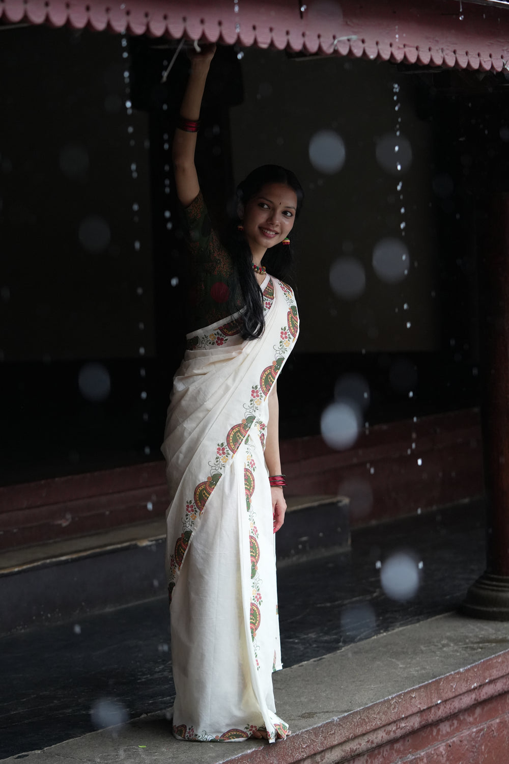 Kathakali Green Printed Settumundu with Matching Blouse Material