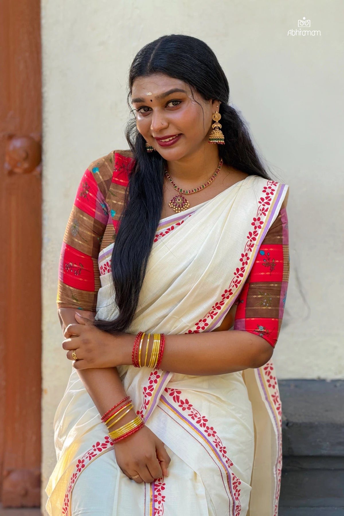 Sarga – Lavender and Golden Kasav Settumund with Printed Border and Designer Blouse Material