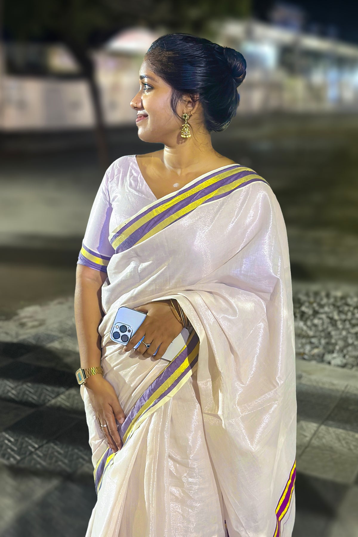 Ameya - Rose Tissue Saree with Purple and Golden Borders Paired with Designer Blouse Material