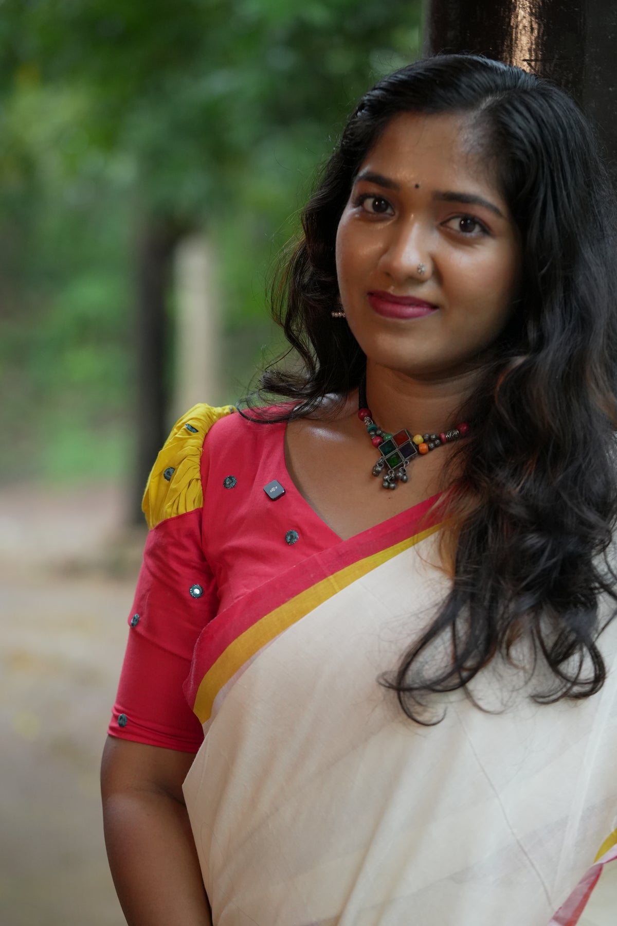 Surya Praba - Red & Yellow Settumundu with Matching Blouse Material