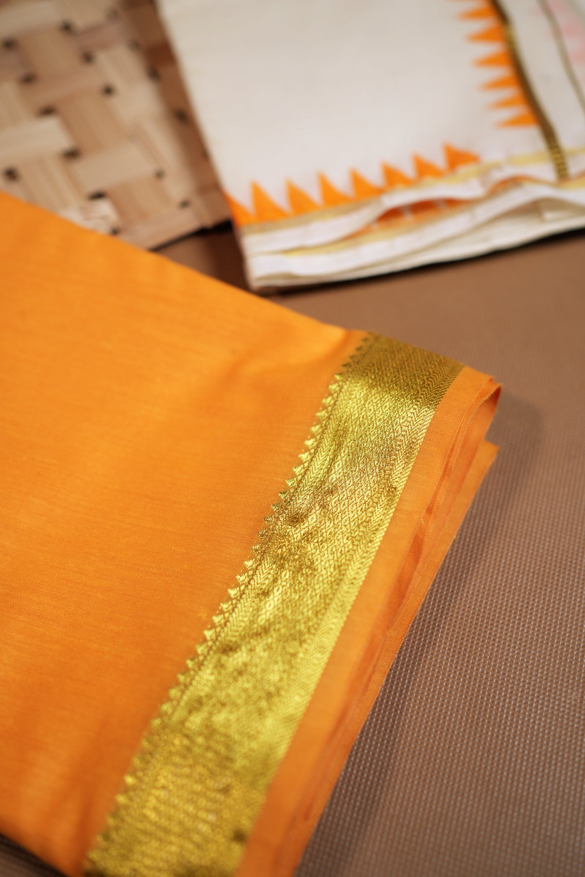 Madhavi – Yellow Temple Printed Settumund with Kasav Border Blouse Material