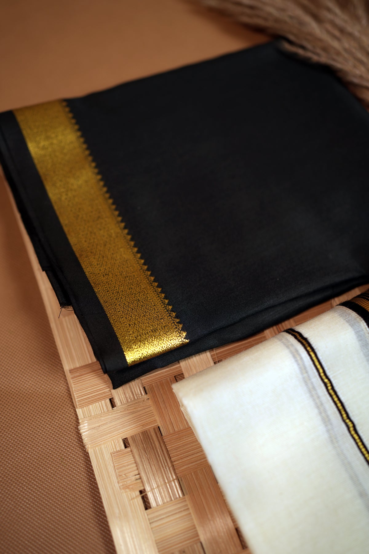 Kudamattam- Black and Golden Kasav Settumund with Golden Kasavu Border Black Blouse Material