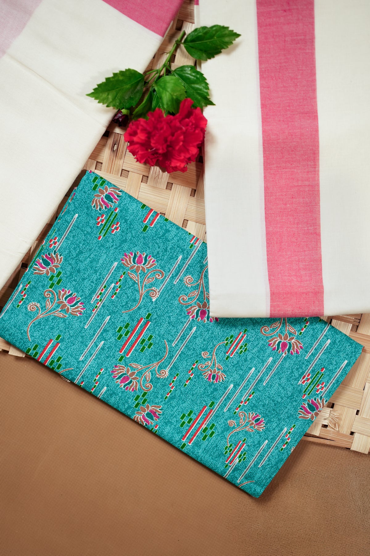 Ambujam - Red Mulloth Settumund with Matching Printed Blouse Material