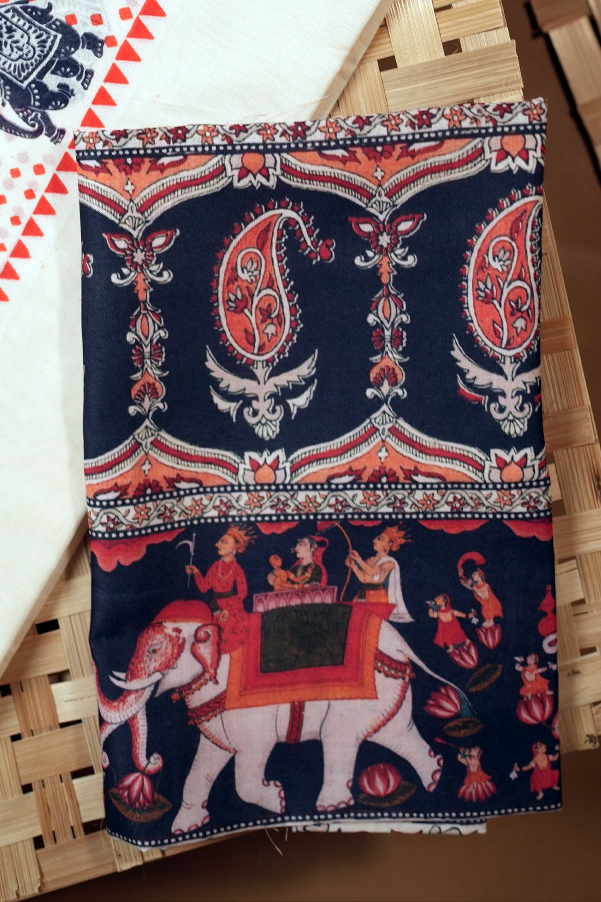 Aanachantham- Orange and Navy Blue Elephant Printed Settumund with Matching Blouse Material