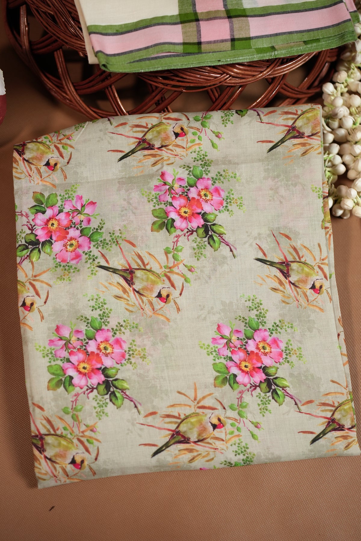 Vasantham Black Mulloth Settumund with Floral Printed Blouse Material