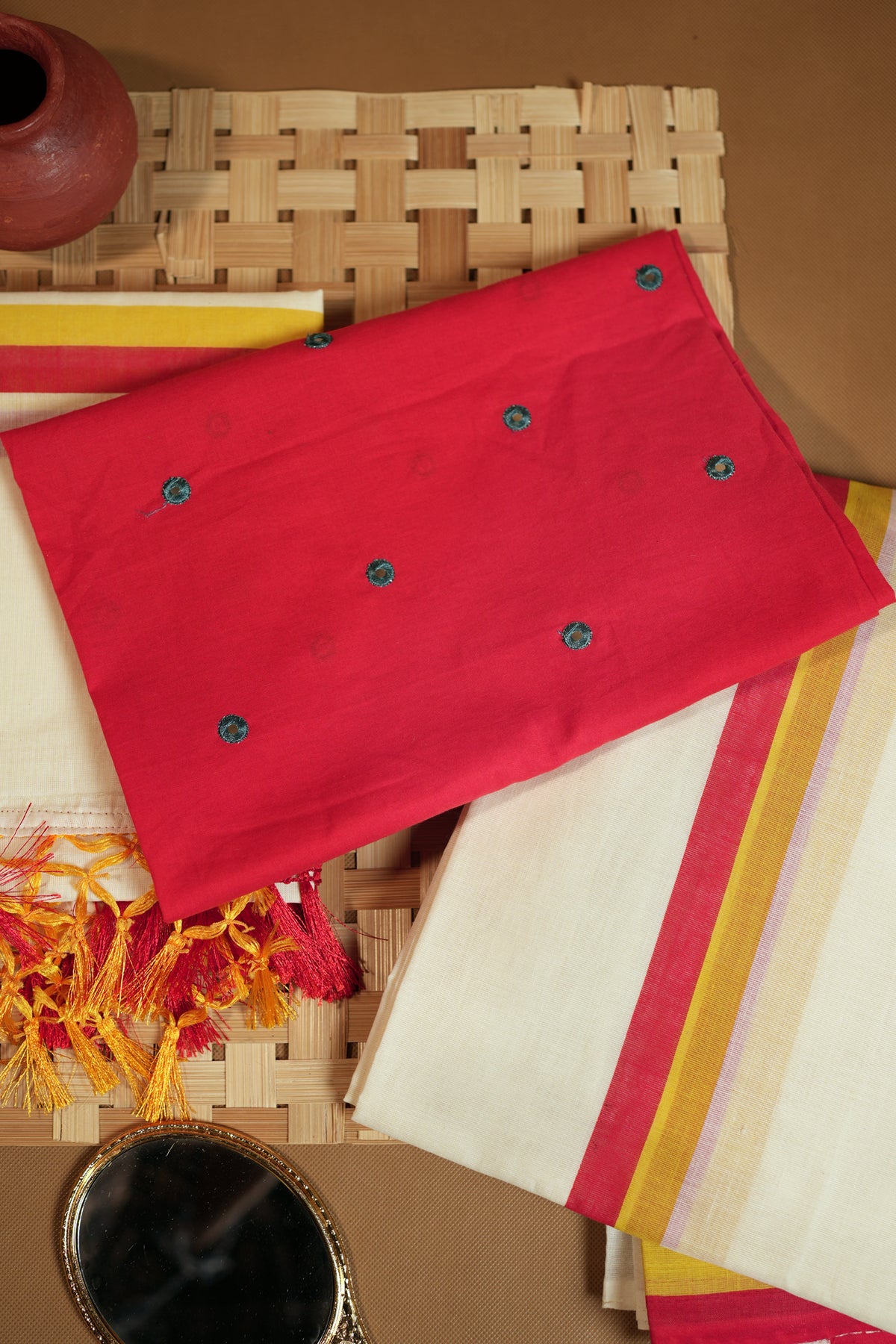 Surya Praba - Red & Yellow Settumundu with Matching Blouse Material