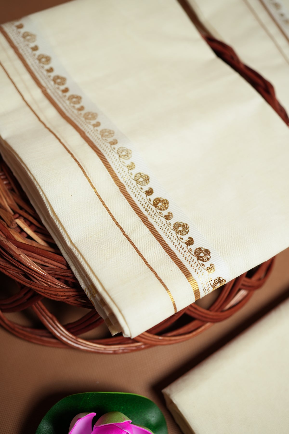 Kavya - Premium Golden Puliyilakkara Settumund with Golden Foil Printed Border with Blouse