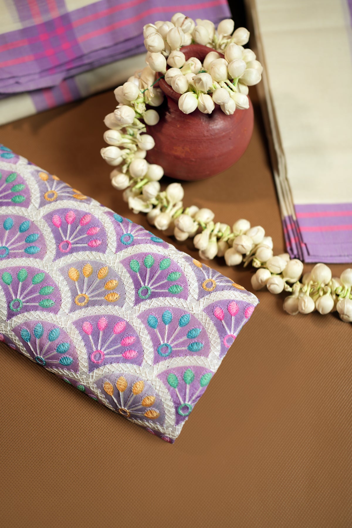 Chikankari Lavender - Chikankari Inspired Thread Embroidery Blouse Material with Mulloth Settumund