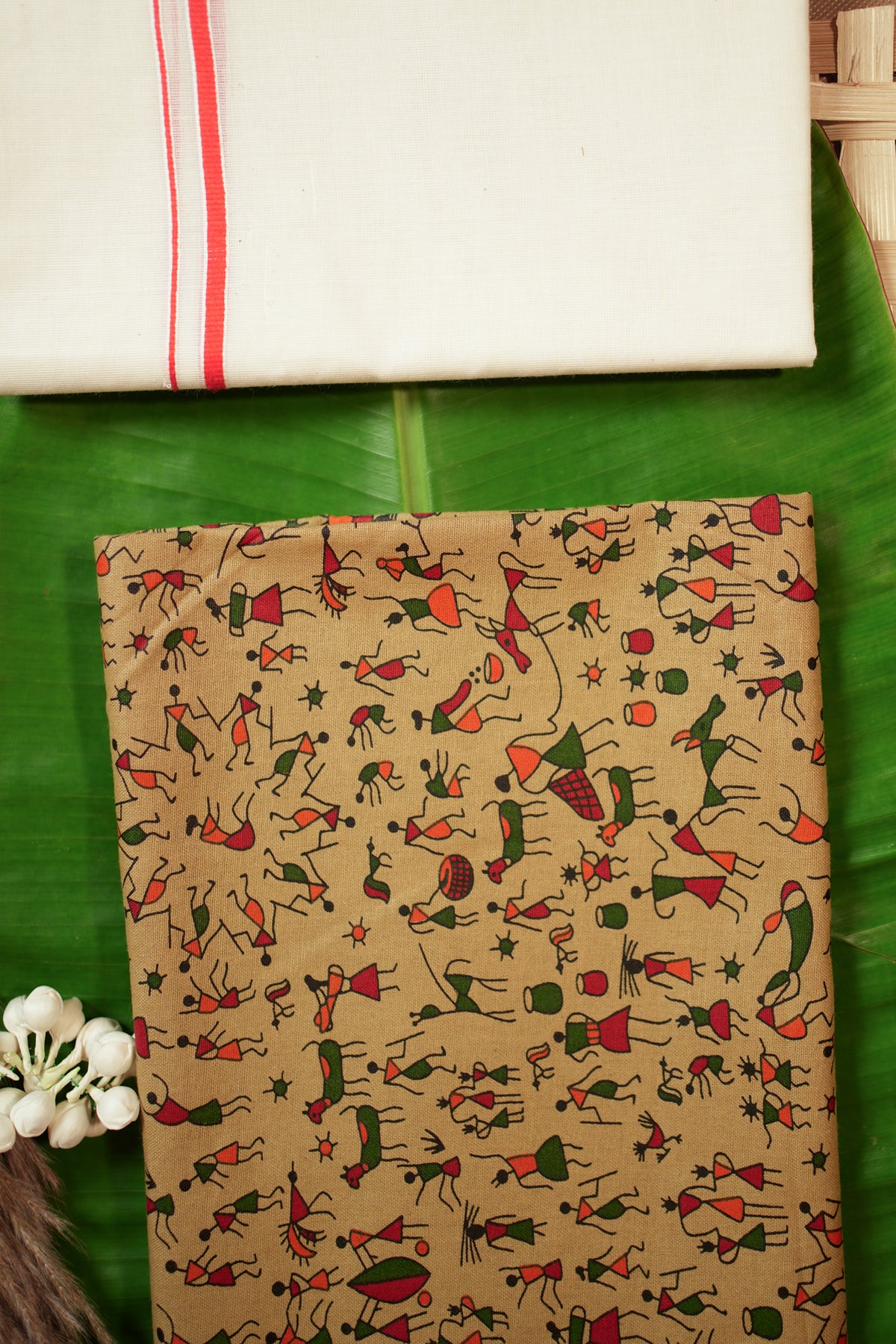 Aadhi Chithra Kattikkara Settumund with warli Printed Blouse Material