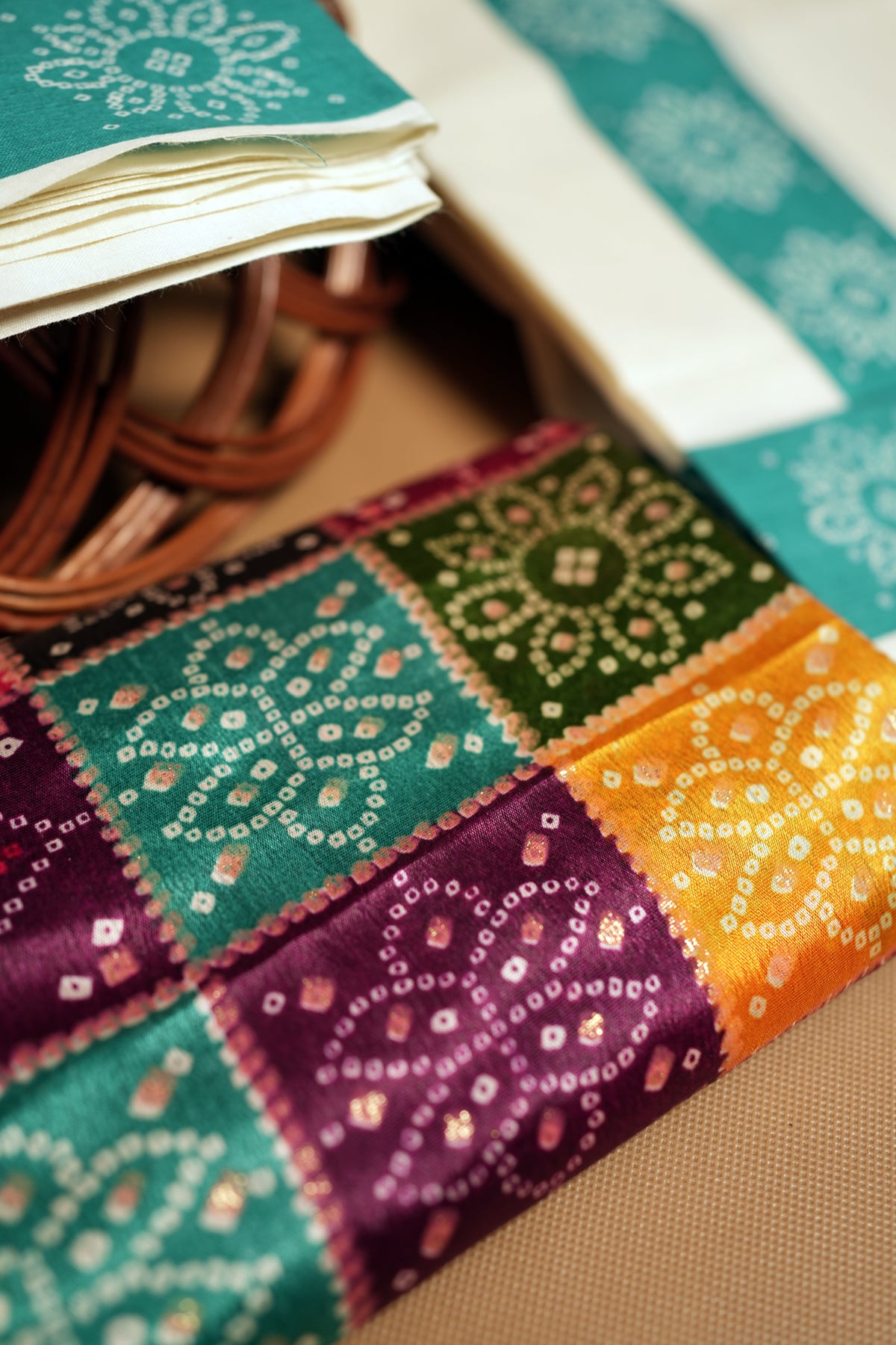 Bhandhini Turquoise Printed Settumund with Matching Blouse Material