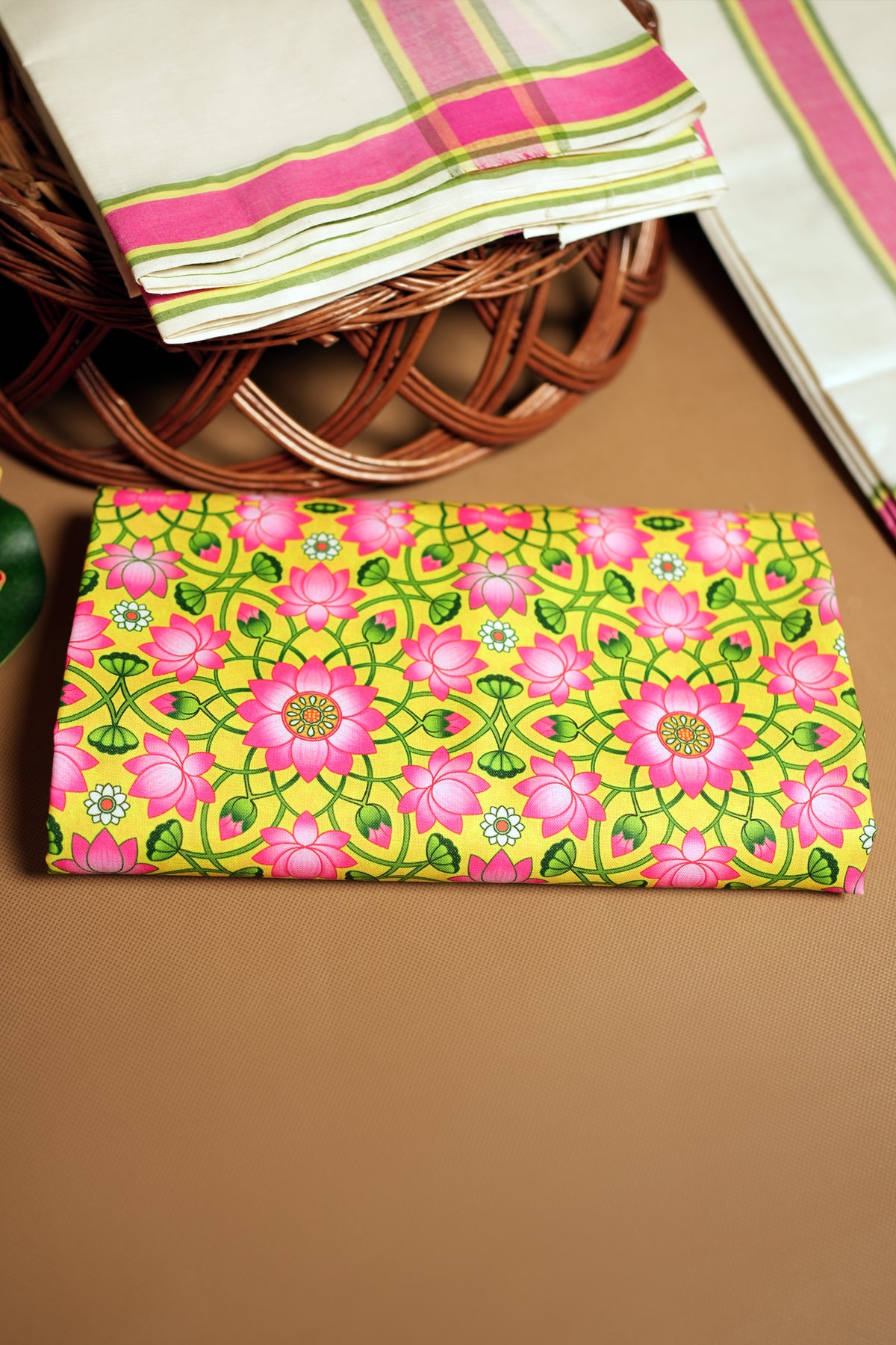 Pathma - Pure Cotton Traditional Kerala Mulloth Tri Color Settumund with Lotus Printed Blouse Material