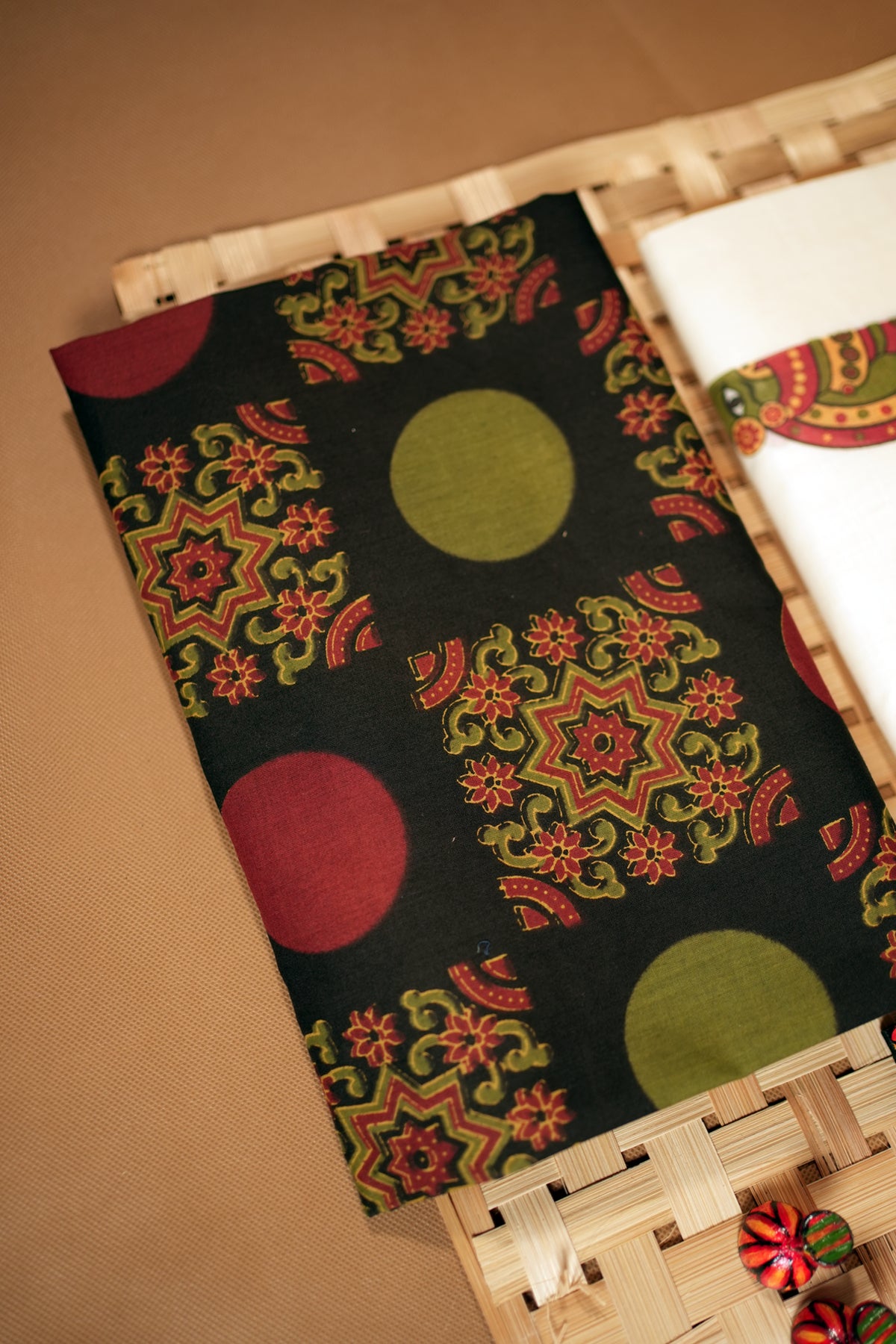 Kathakali Black Printed Settumundu with Matching Blouse Material