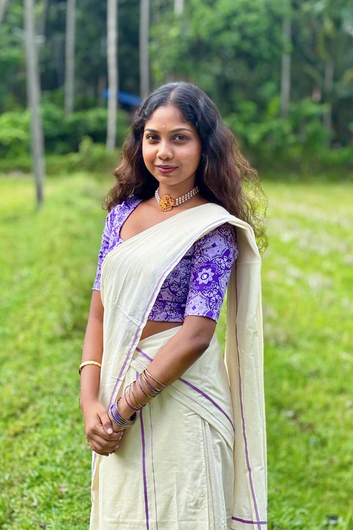 Nadira - Lavender Puliyilakkara Settumund with Ajrak Digital Printed Blouse Material