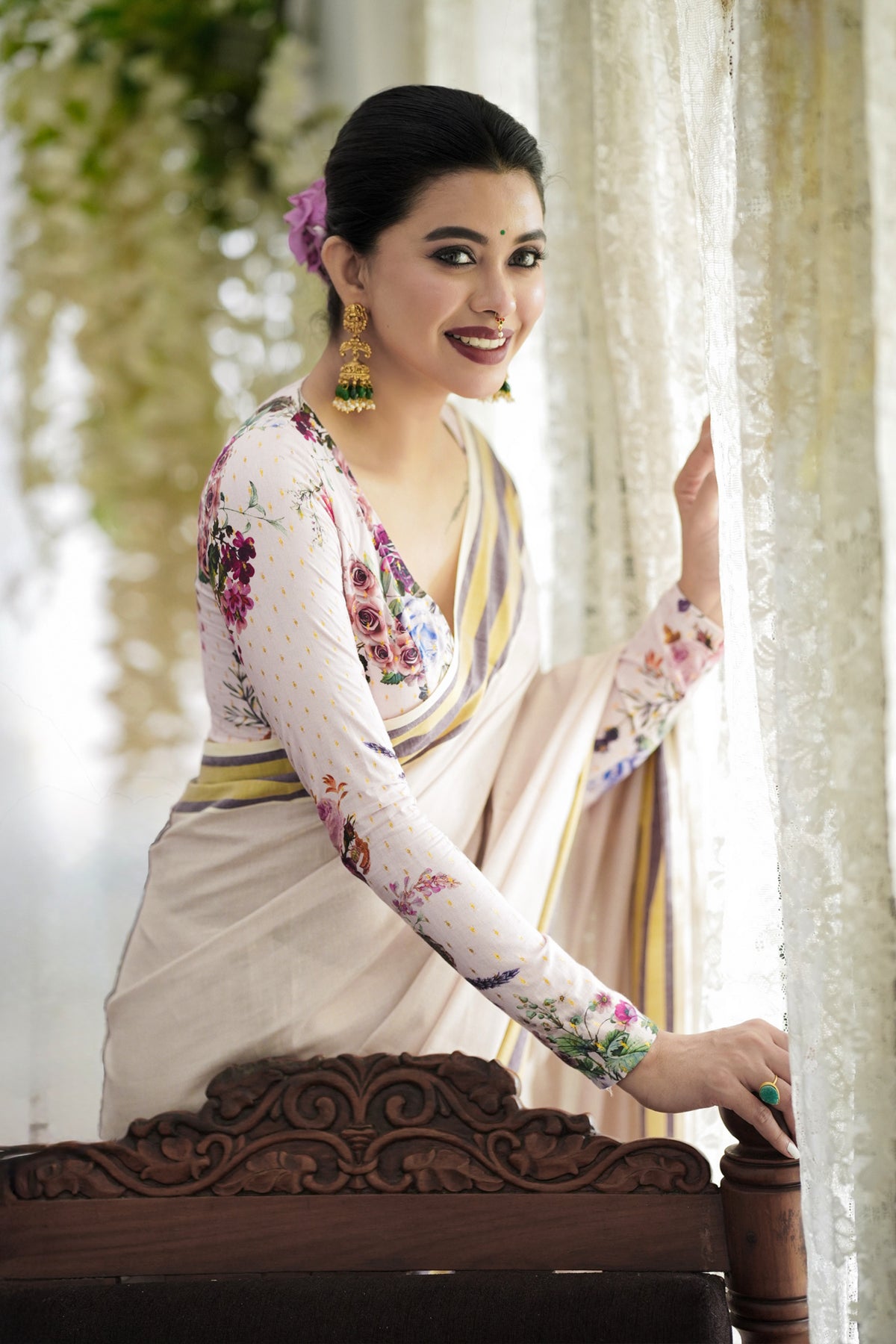Keya – Rose Tissue Saree with Purple and Golden Borders