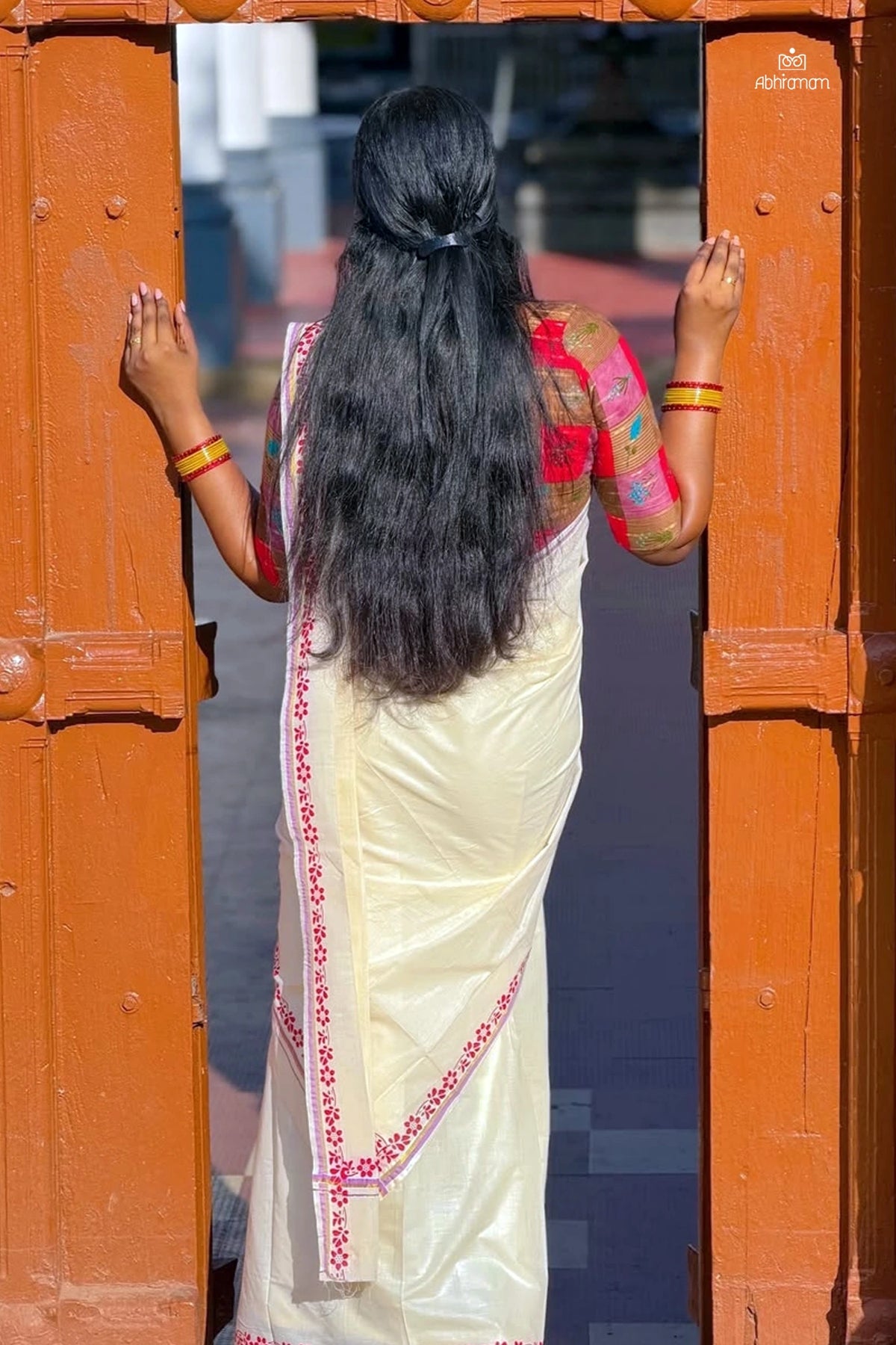 Sarga – Lavender and Golden Kasav Settumund with Printed Border and Designer Blouse Material