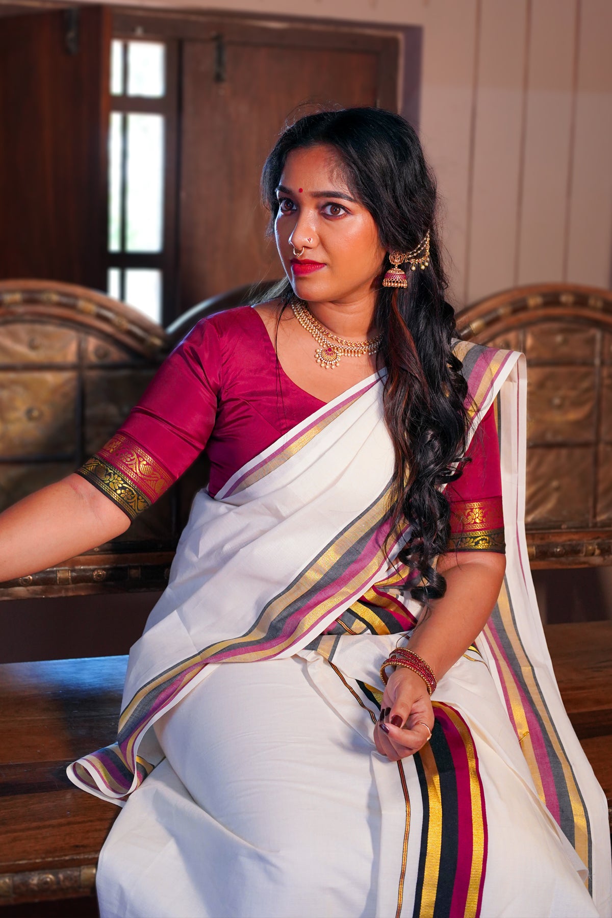 Ganga – Maroon and Black Kasav Settumund with Matching Blouse Material
