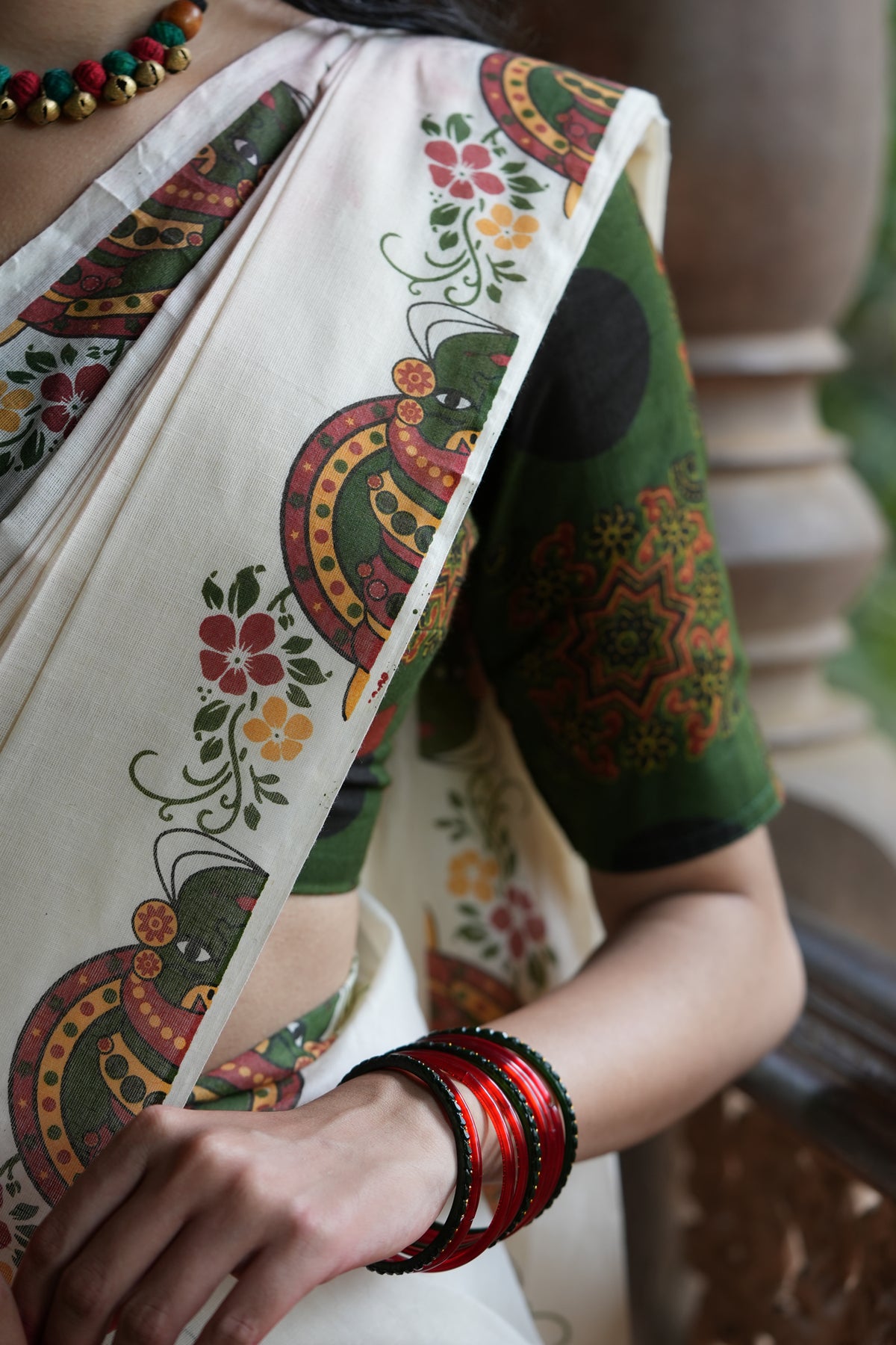 Kathakali Green Printed Settumundu with Matching Blouse Material